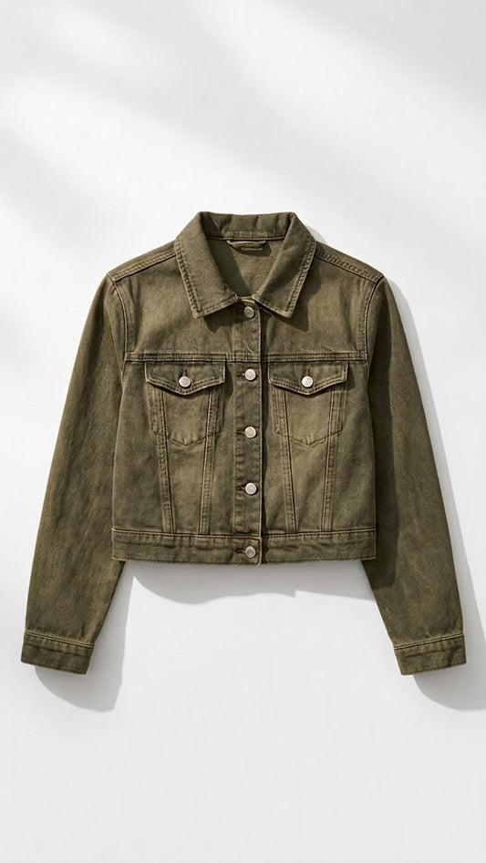 Olive Green Cropped Denim Jacket