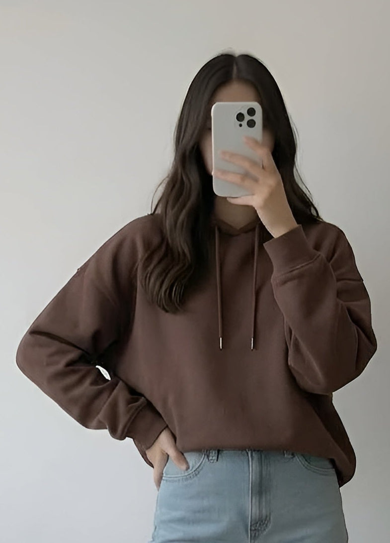 Hoodie with Sky-Blue Wide-Leg Jeans-BROWN