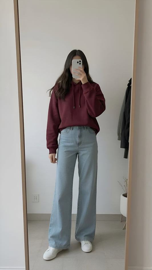 Hoodie With Sky-blue Wide-Leg Jeans-MAROON