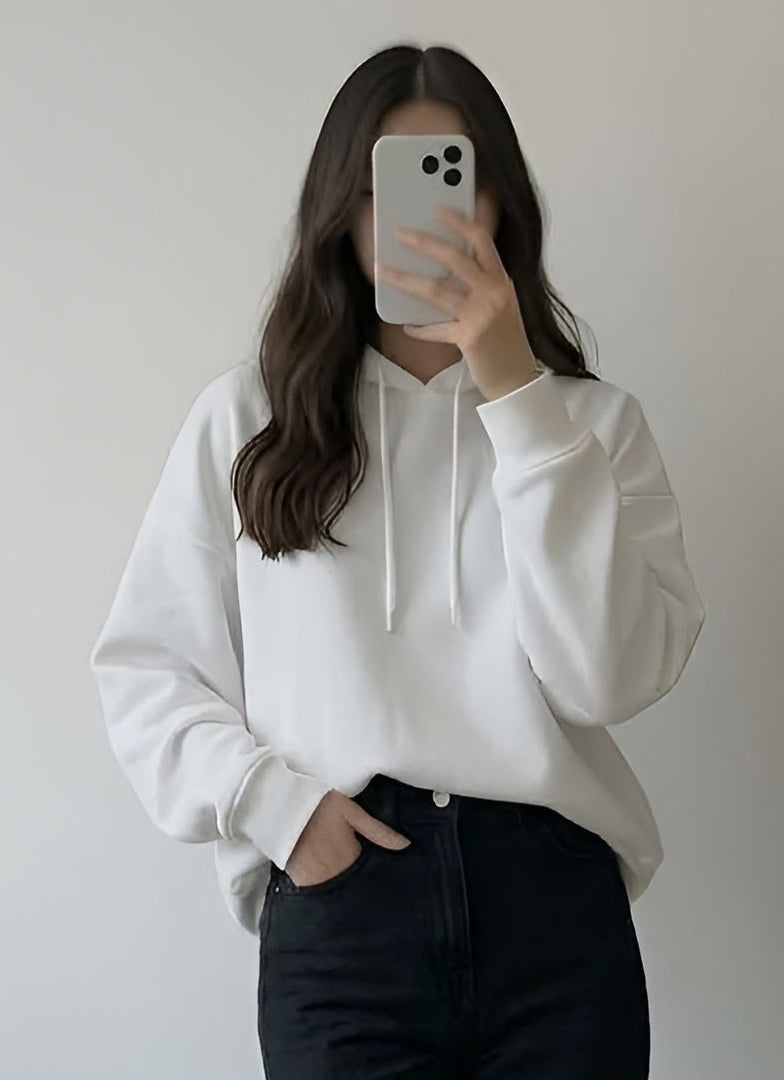 Hoodie with Black Wide-Leg Jeans-WHITE