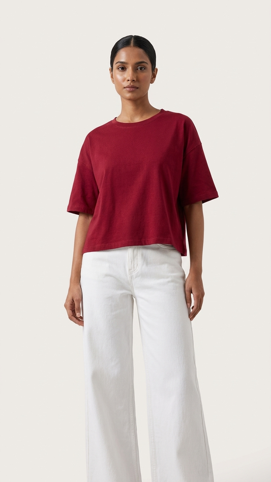 Maroon Croptop with White Wide Leg Jeans