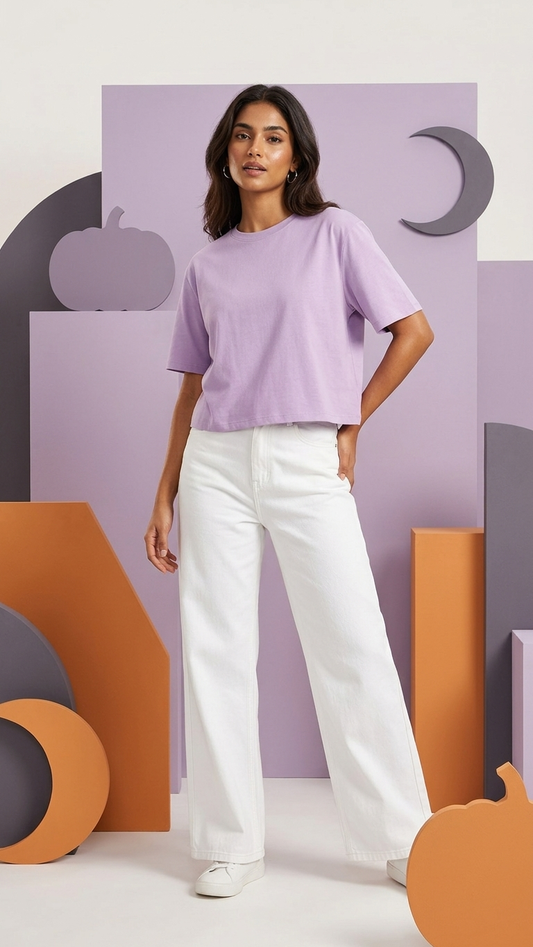 Lilac Croptop with White Wide Leg Jeans