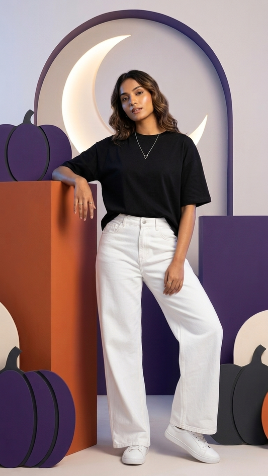Black Croptop with White Wide Leg Jeans