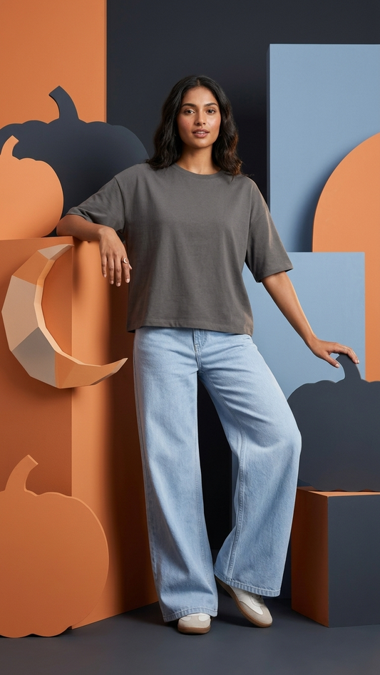 Grey Croptop with Sky Blue Wide Leg Jeans