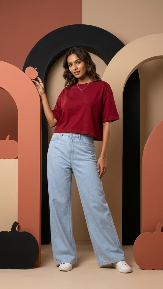 Maroon Croptop with Skyblue Jeans