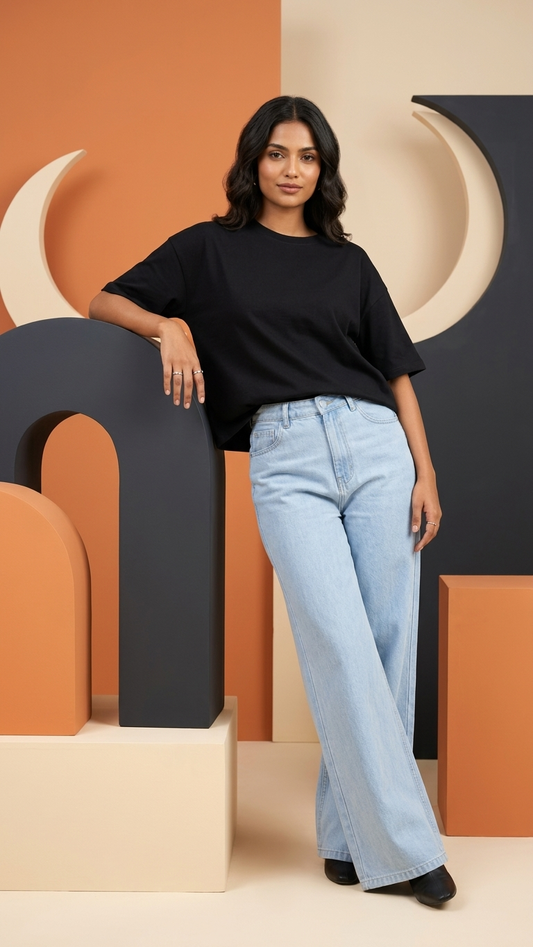 Black Croptop with Skyblue Jeans