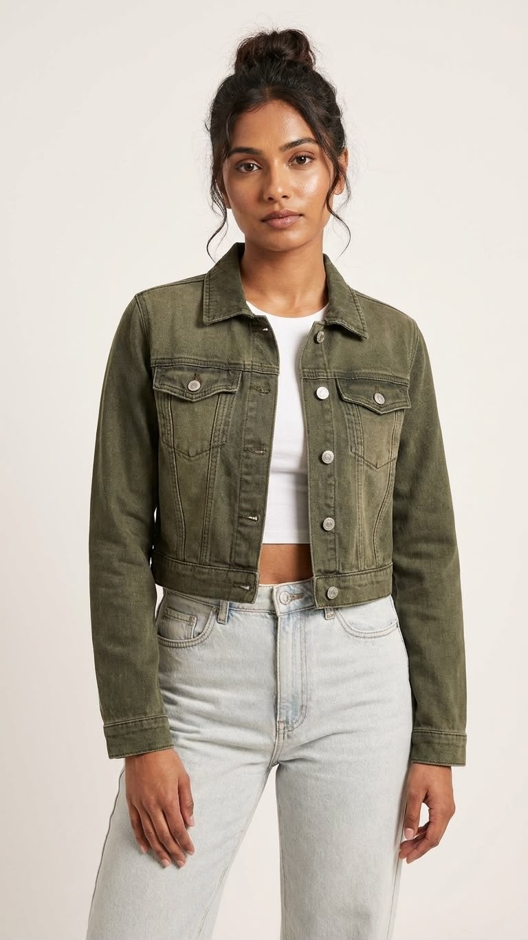 Olive Green Cropped Denim Jacket