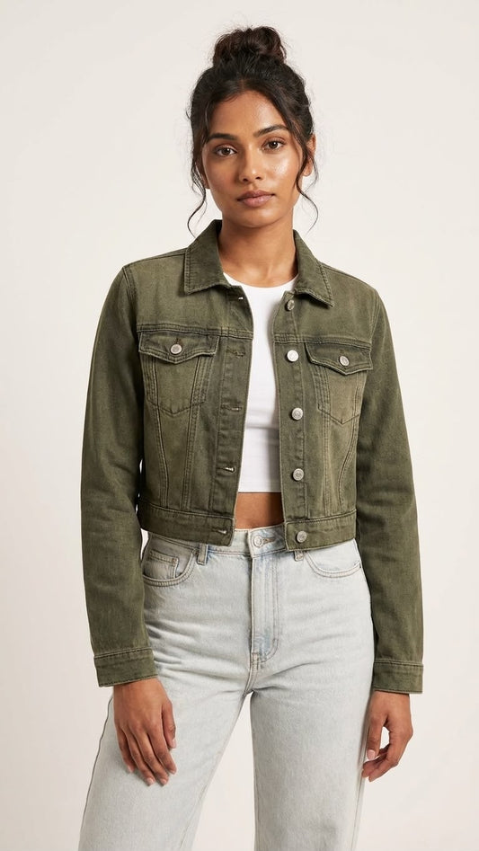 Olive Green Cropped Denim Jacket