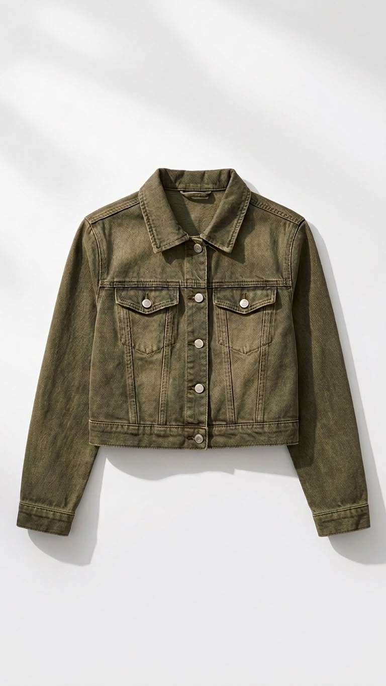 Olive Green Cropped Denim Jacket