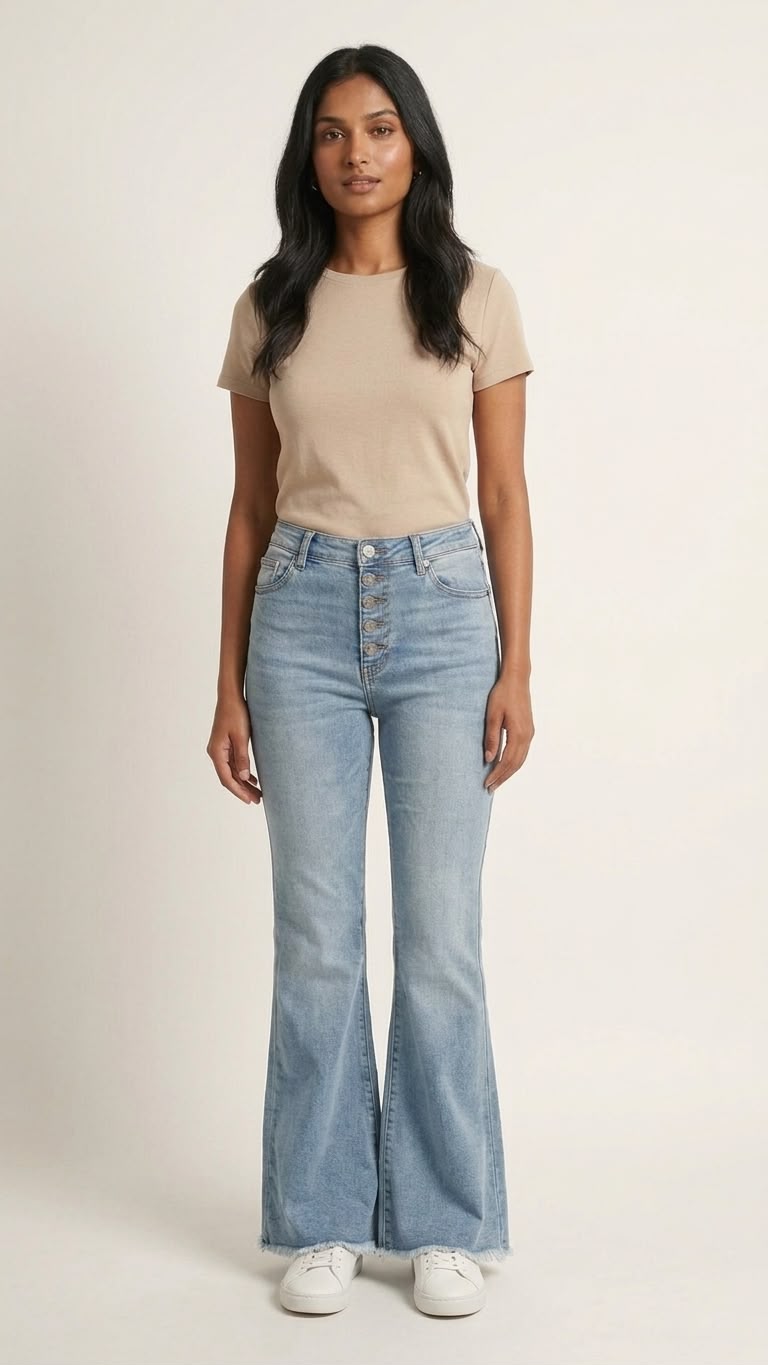Light-Indigo Wash 6-Button Bell Bottom Jeans