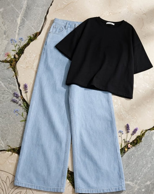 Black Croptop with Skyblue Jeans