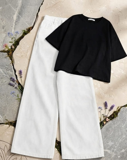 Black Croptop with White Wide Leg Jeans