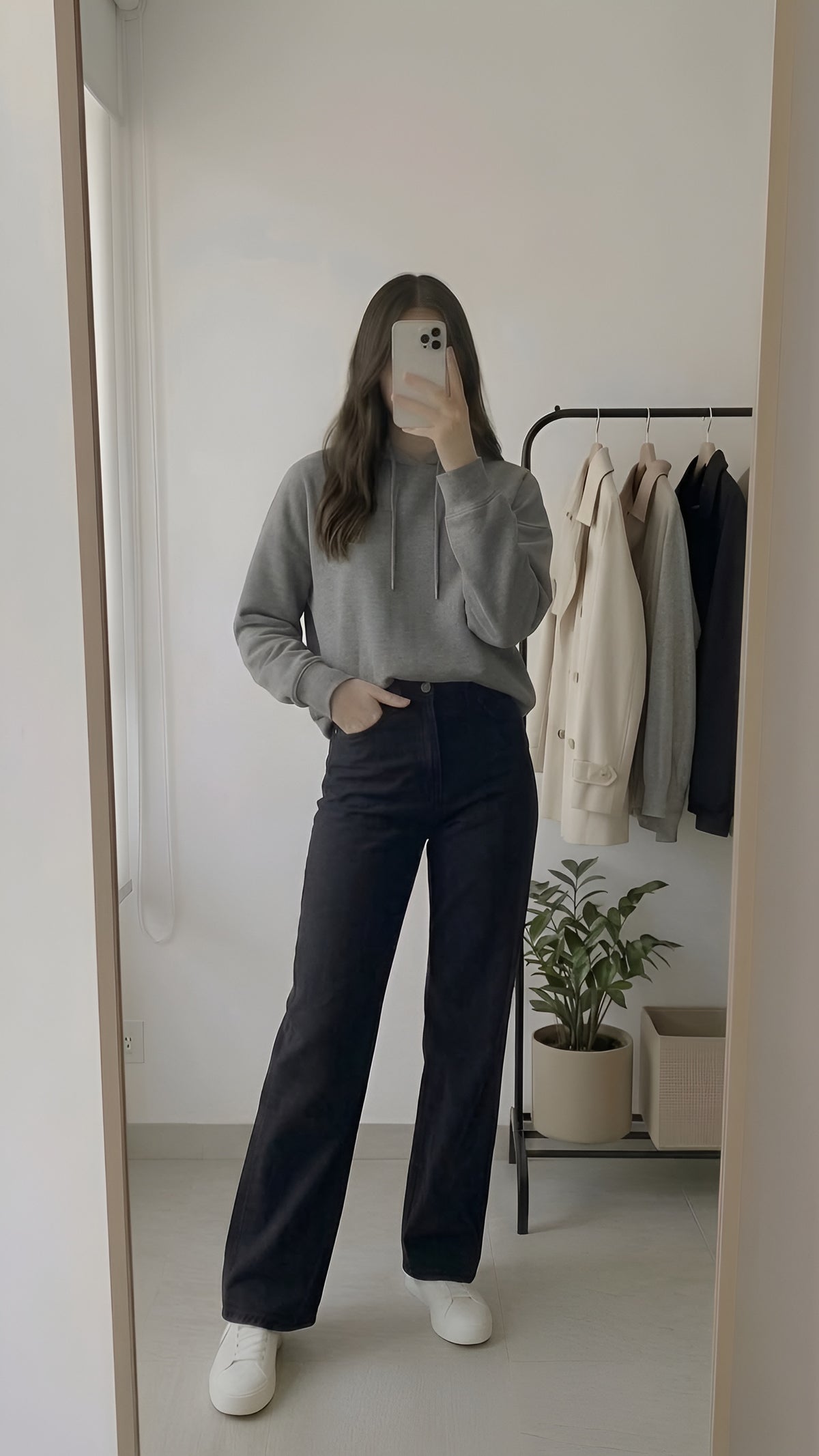 Hoodie with Black Wide-Leg Jeans-GREY