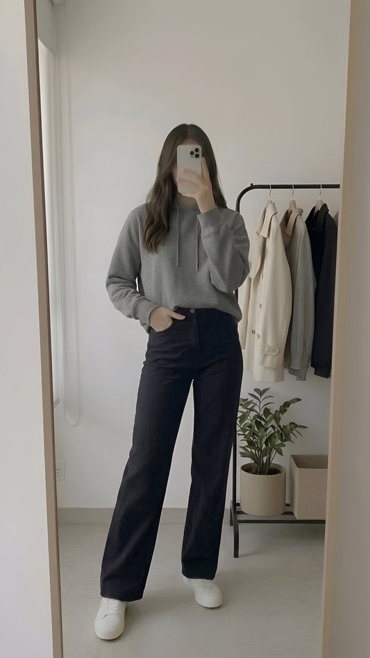 Hoodie with Black Wide-Leg Jeans-GREY