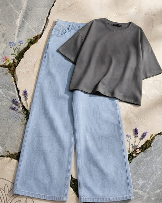 Grey Croptop with Sky Blue Wide Leg Jeans
