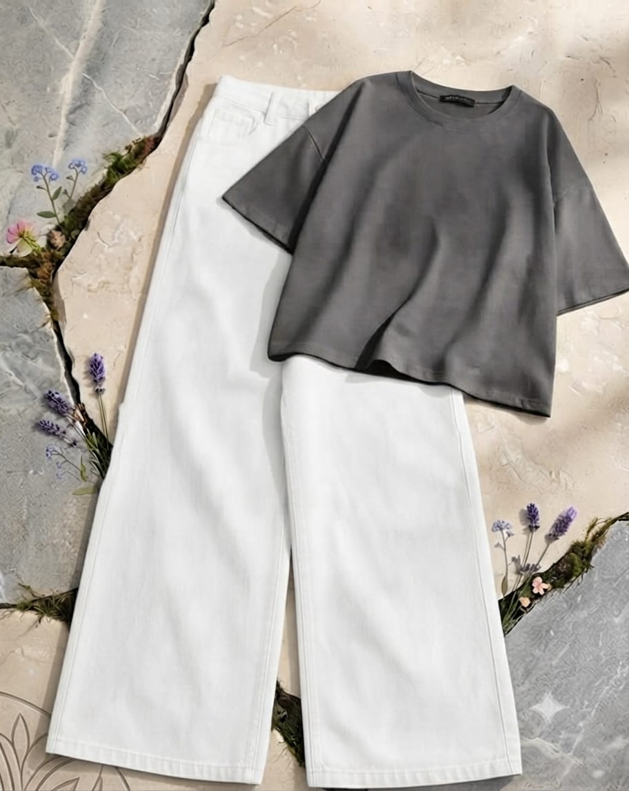 Grey Croptop with White Wide Leg Jeans