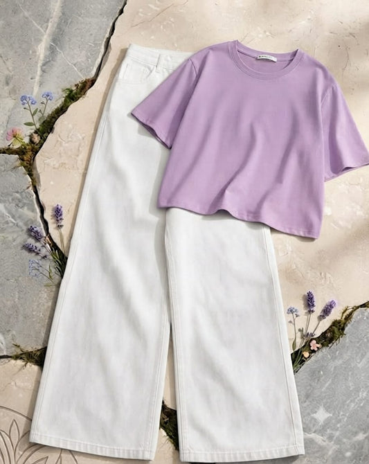 Lilac Croptop with White Wide Leg Jeans