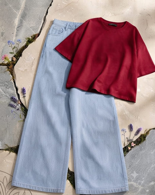 Maroon Croptop with Skyblue Jeans