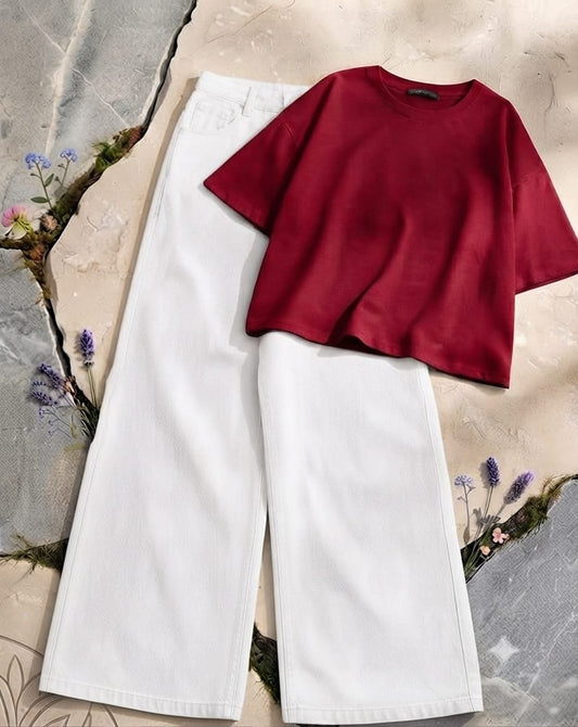 Maroon Croptop with White Wide Leg Jeans