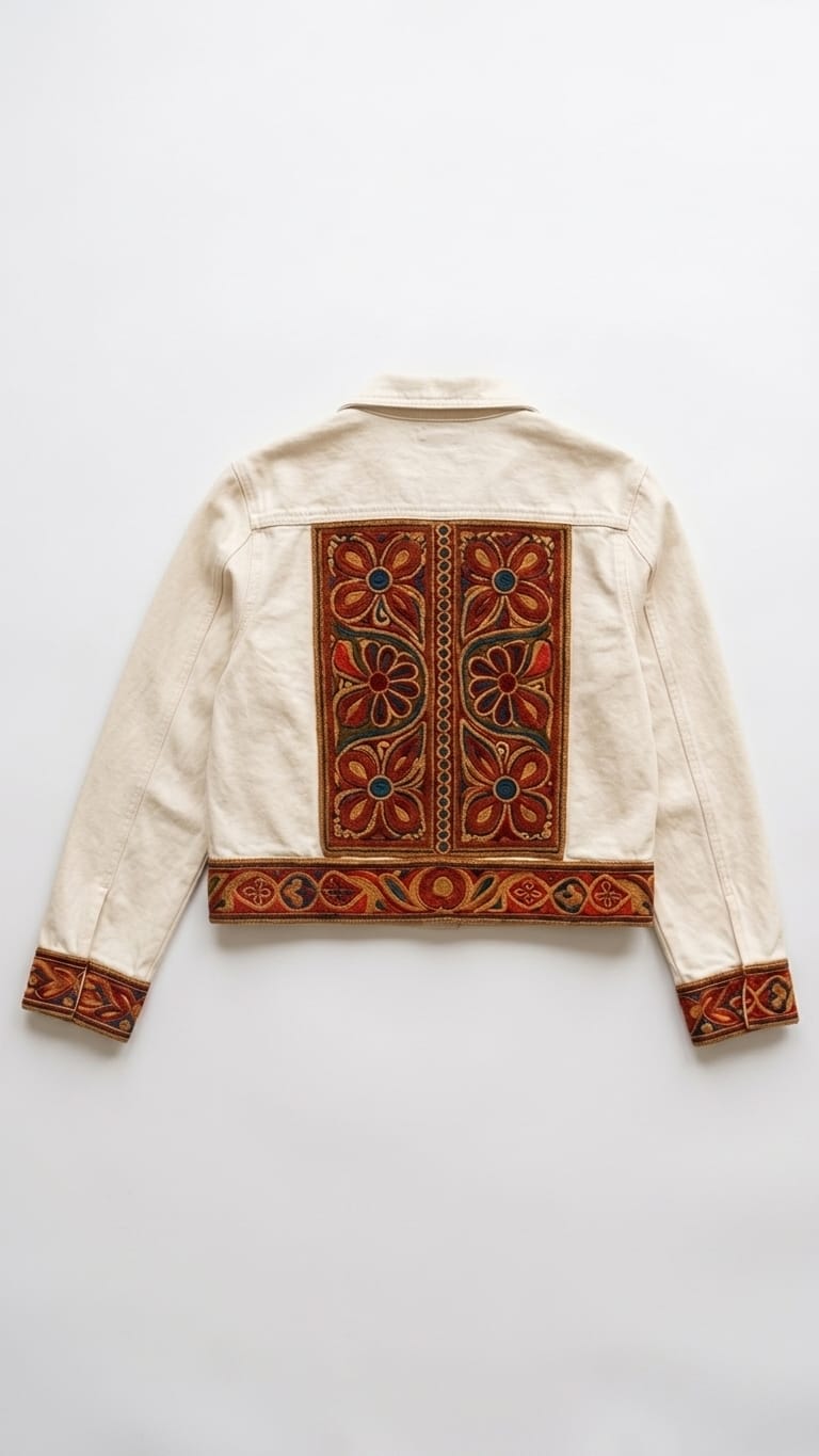 Ethnic Border Cropped Denim Jacket – Off-White