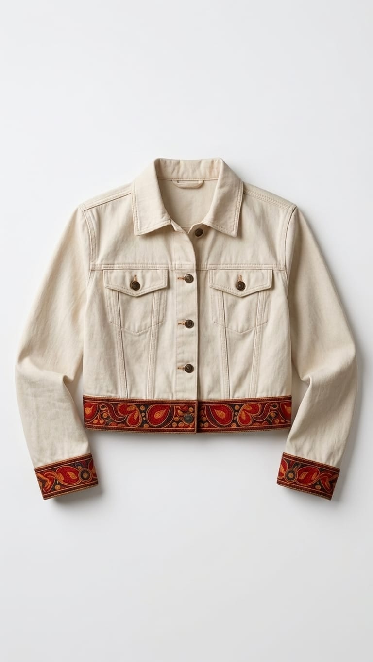 Ethnic Border Cropped Denim Jacket – Off-White