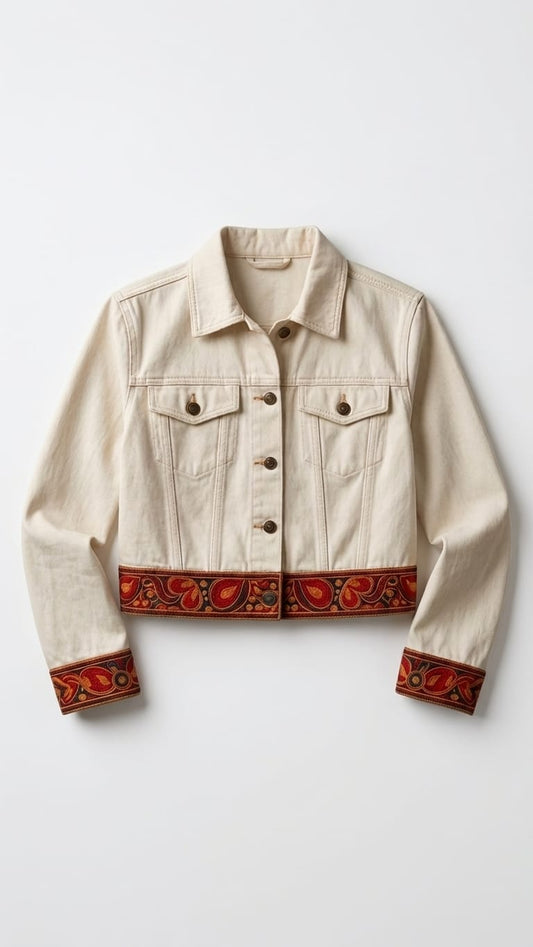 Ethnic Border Cropped Denim Jacket – Off-White