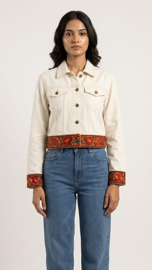 Ethnic Border Cropped Denim Jacket – Off-White
